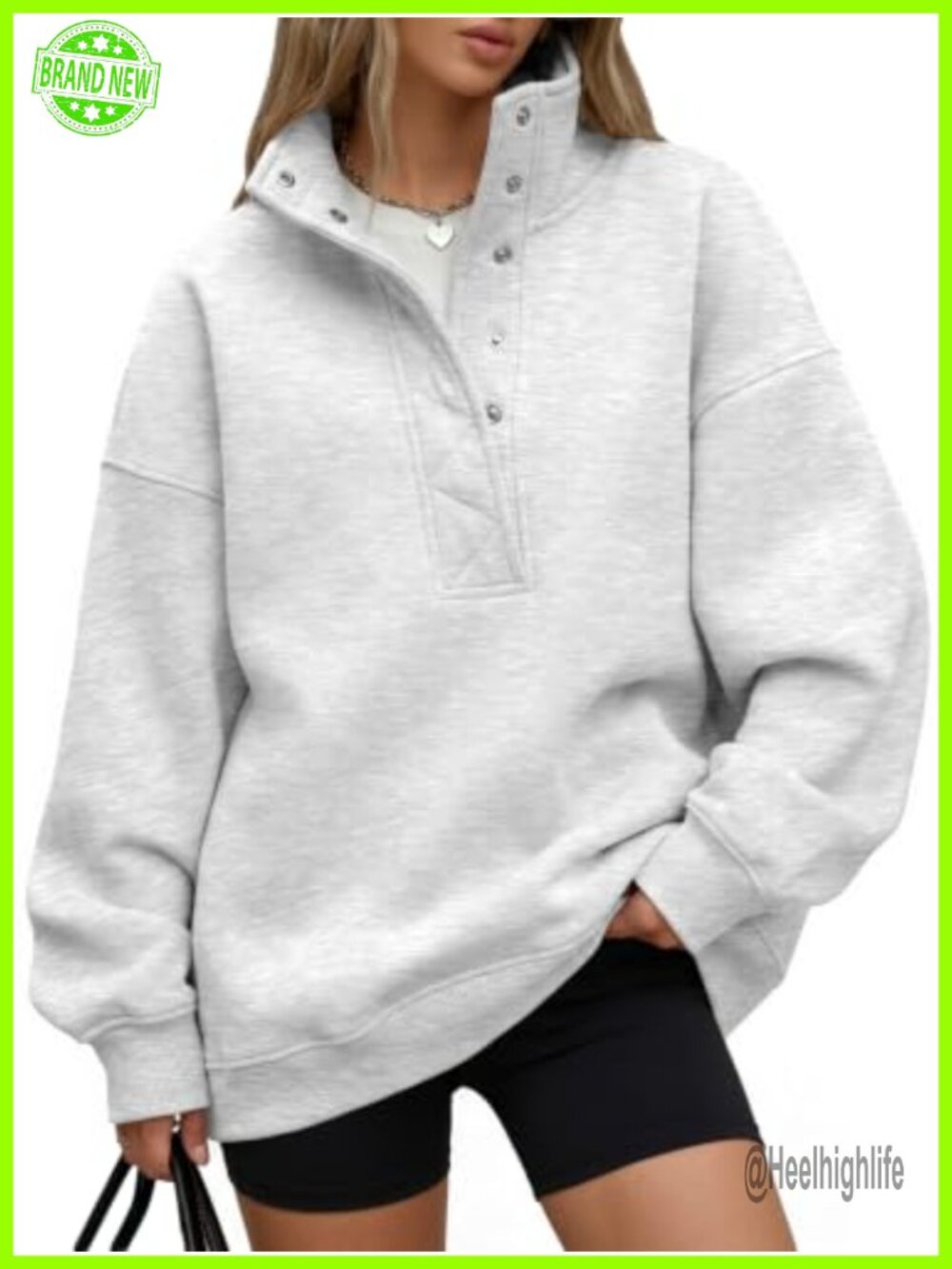 Oversized Henley Snap Button Sweatshirt Pullover Cozy Fleece Casual